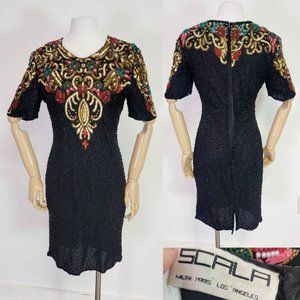 Beaded 80s Dress Black gold Floral All over sequin dress silk Small petite